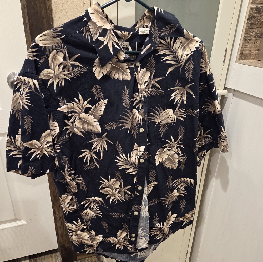 Casual Black and Cream Button Down Shirt with Tropical Print